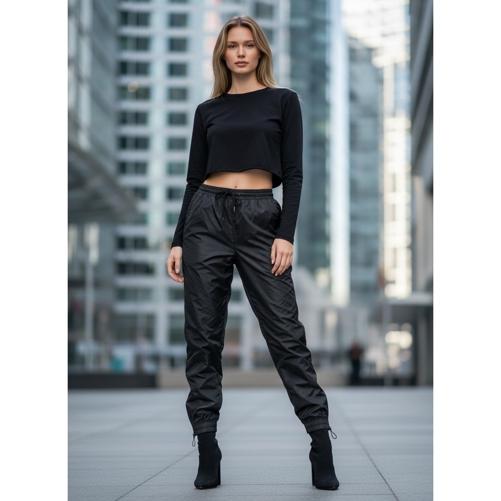 Boohoo Womens Black Nylon Track Pants Zipper Cuff Joggers Size 8